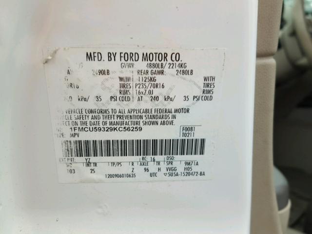 1FMCU59329KC56259 - 2009 FORD ESCAPE HYB WHITE photo 10