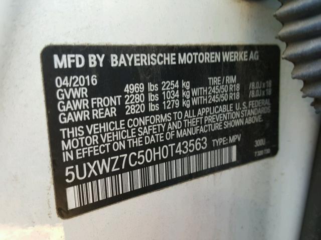 5UXWZ7C50H0T43563 - 2017 BMW X3 SDRIVE2 WHITE photo 10