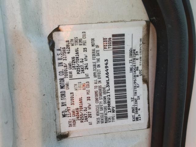 1FMRU17L3WLA64943 - 1998 FORD EXPEDITION WHITE photo 10