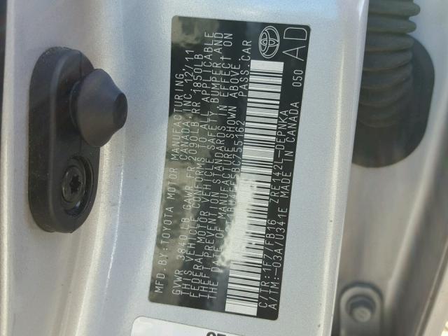 2T1BU4EE5BC755162 - 2011 TOYOTA COROLLA BA SILVER photo 10