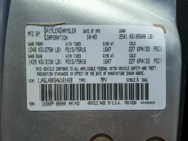 1J4GL48K84W181428 - 2004 JEEP LIBERTY SP SILVER photo 10