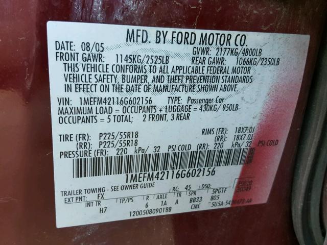 1MEFM42116G602156 - 2006 MERCURY MONTEGO PR 红色 照片 10