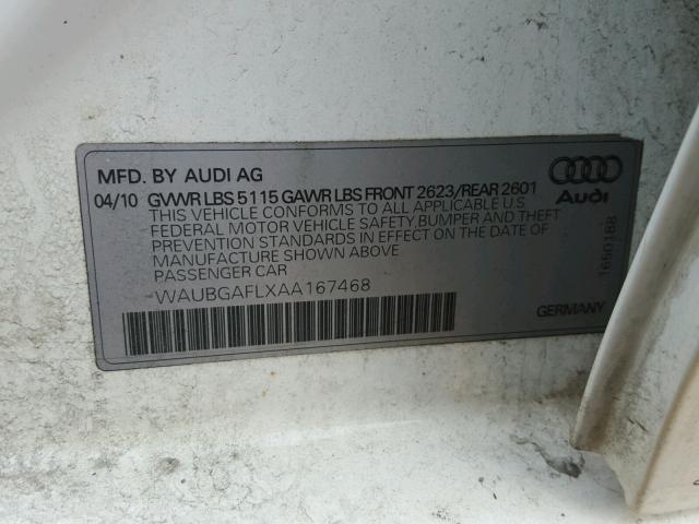 WAUBGAFLXAA167468 - 2010 AUDI S4 PREMIUM WHITE photo 10