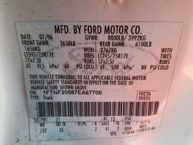 1FTNF20587EA67700 - 2007 FORD F250 SUPER WHITE photo 10