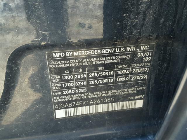 4JGAB74EX1A261365 - 2001 MERCEDES-BENZ ML 55 BLUE photo 10