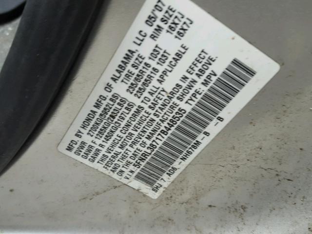 5FNRL38717B448535 - 2007 HONDA ODYSSEY EX GRAY photo 10