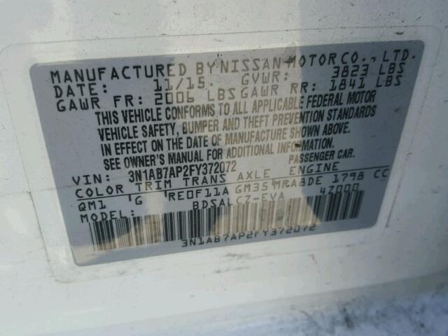 3N1AB7AP2FY372072 - 2015 NISSAN SENTRA S WHITE photo 10