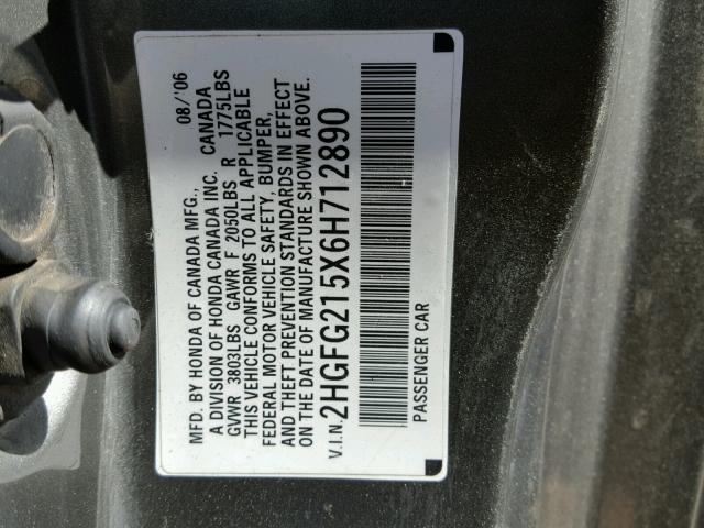 2HGFG215X6H712890 - 2006 HONDA CIVIC SI GRAY photo 10