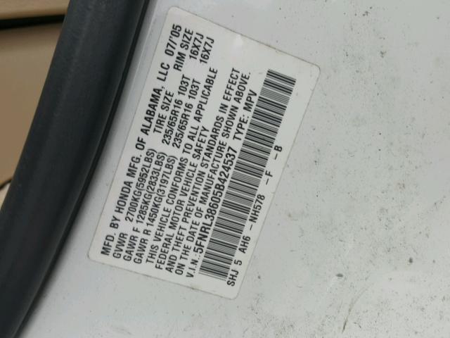 5FNRL38605B424537 - 2005 HONDA ODYSSEY EX WHITE photo 10