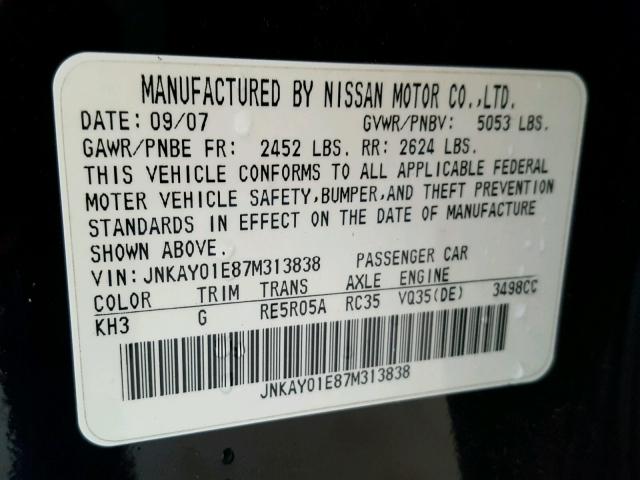 JNKAY01E87M313838 - 2007 INFINITI M35 BASE BLACK photo 10