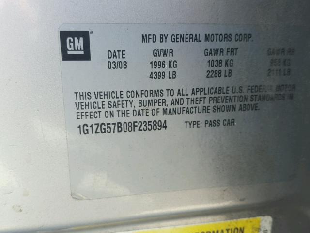 1G1ZG57B08F235894 - 2008 CHEVROLET MALIBU LS 银色 照片 10