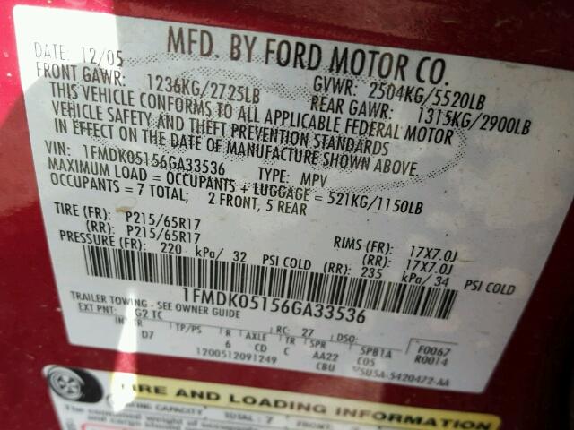 1FMDK05156GA33536 - 2006 FORD FREESTYLE RED photo 10