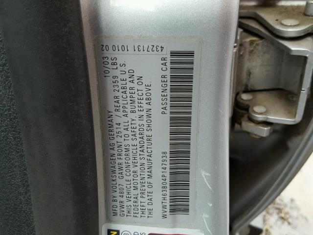 WVWTH63B04P147938 - 2004 VOLKSWAGEN PASSAT GLX 银色 照片 10