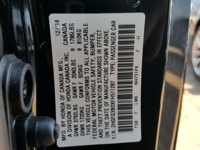 2HGFG3B0XFH511287 - 2015 HONDA CIVIC EXL BLACK photo 10