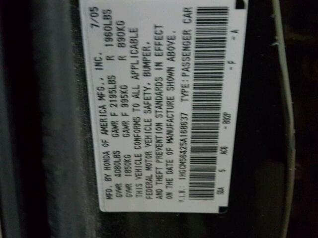 1HGCM56425A168637 - 2005 HONDA ACCORD LX BLACK photo 10