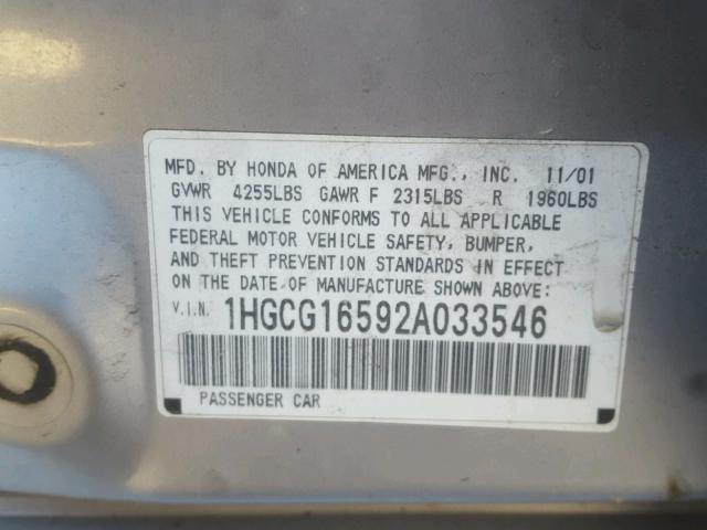 1HGCG16592A033546 - 2002 HONDA ACCORD EX GRAY photo 10