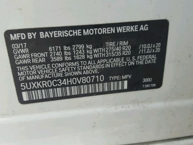 5UXKR0C34H0V80710 - 2017 BMW X5 XDRIVE3 WHITE photo 10