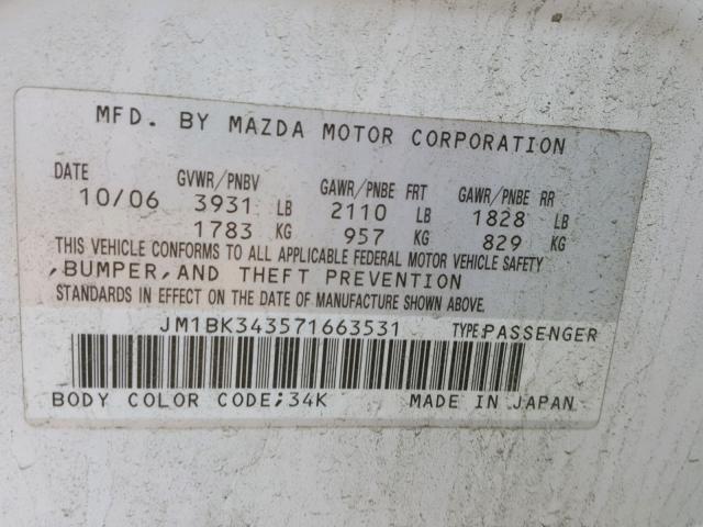 JM1BK343571663531 - 2007 MAZDA 3 HATCHBAC WHITE photo 10