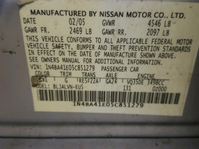 1N4BA41E05C851279 - 2005 NISSAN MAXIMA SE SILVER photo 10