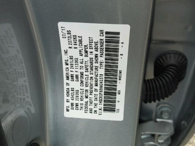 1HGCR3F86HA040379 - 2017 HONDA ACCORD EXL SILVER photo 10