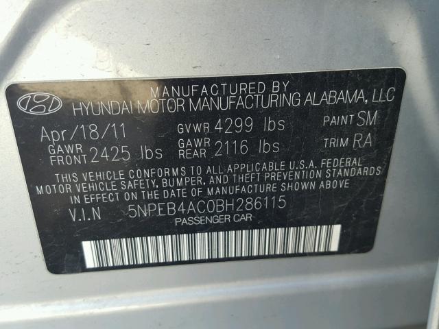 5NPEB4AC0BH286115 - 2011 HYUNDAI SONATA GLS SILVER photo 10