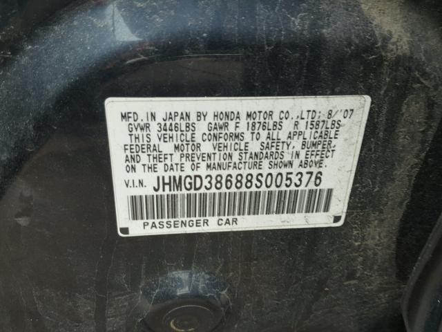 JHMGD38688S005376 - 2008 HONDA FIT SPORT BLACK photo 10