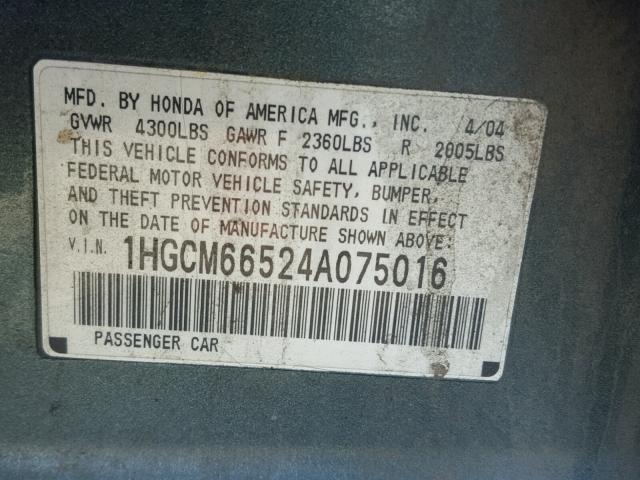 1HGCM66524A075016 - 2004 HONDA ACCORD EX GREEN photo 10