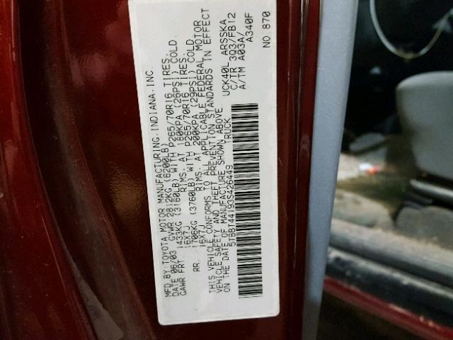 5TBBT44193S426449 - 2003 TOYOTA TUNDRA ACC RED photo 10