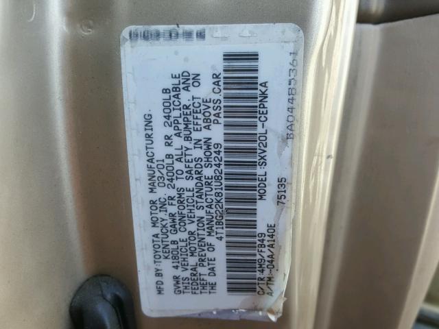 4T1BG22K81U824249 - 2001 TOYOTA CAMRY CE GOLD photo 10