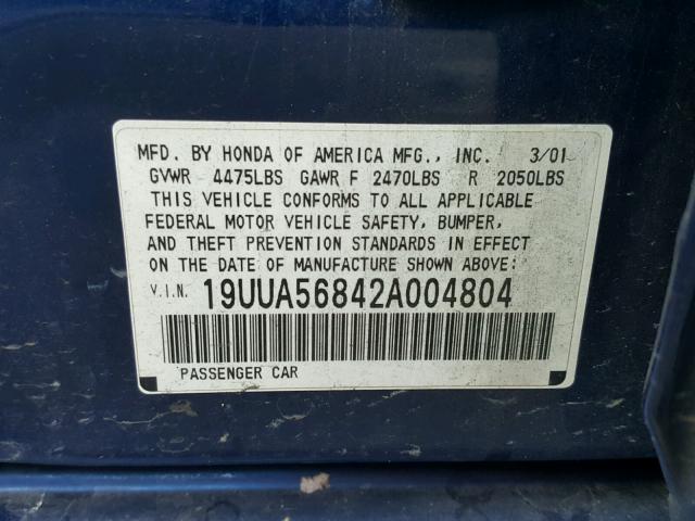 19UUA56842A004804 - 2002 ACURA 3.2TL TYPE BLUE photo 10