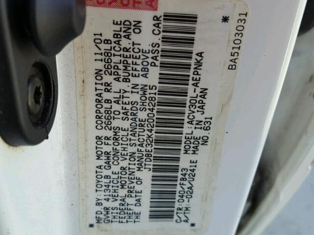 JTDBE32K420042815 - 2002 TOYOTA CAMRY LE 白色 照片 10