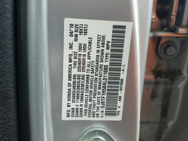 5J6TF1H58AL011680 - 2010 HONDA ACCORD CRO SILVER photo 10