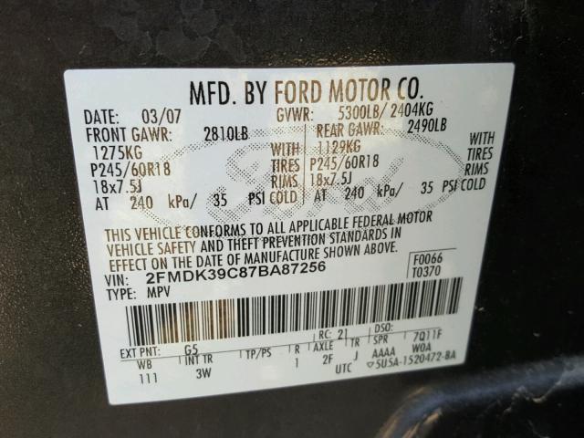 2FMDK39C87BA87256 - 2007 FORD EDGE SEL P GRAY photo 10