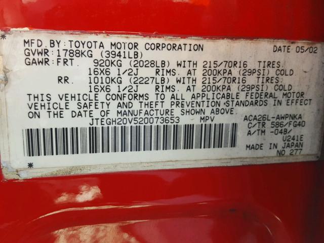 JTEGH20V520073653 - 2002 TOYOTA RAV4 GOLD photo 10