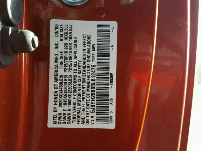 5J6YH28685L012476 - 2005 HONDA ELEMENT EX ORANGE photo 10