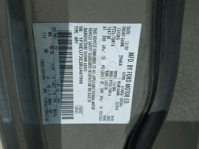 1FMEU73E28UA67998 - 2008 FORD EXPLORER X GRAY photo 10