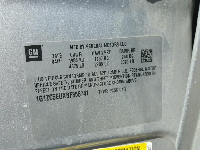 1G1ZC5EUXBF358741 - 2011 CHEVROLET MALIBU 1LT 银色 照片 10