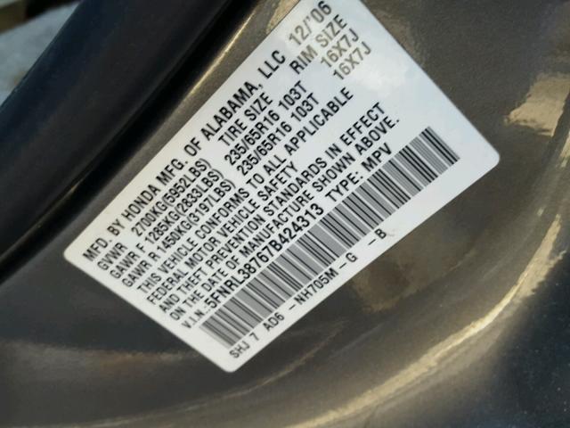 5FNRL38767B424313 - 2007 HONDA ODYSSEY EX GRAY photo 10