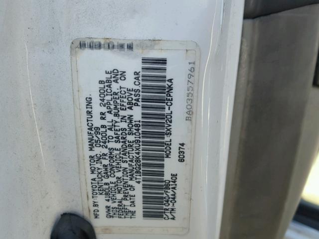 4T1BG28K4XU910481 - 1999 TOYOTA CAMRY CE WHITE photo 10