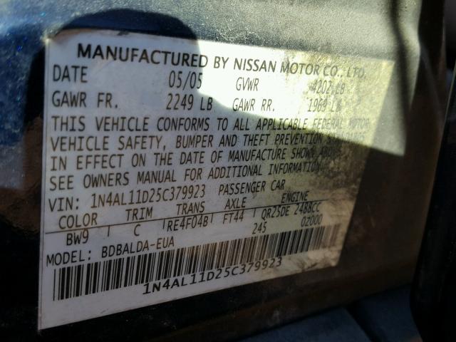 1N4AL11D25C379923 - 2005 NISSAN ALTIMA S BLUE photo 10