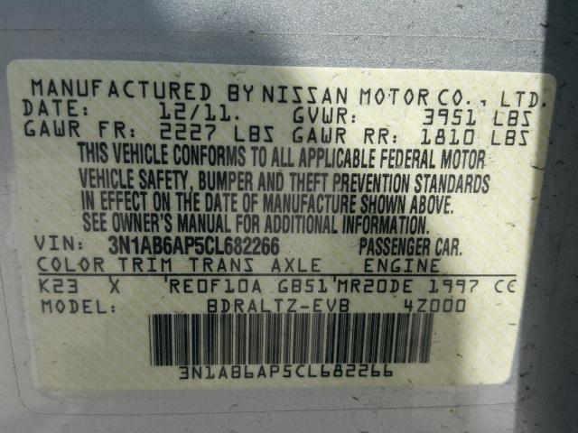 3N1AB6AP5CL682266 - 2012 NISSAN SENTRA 2.0 SILVER photo 10