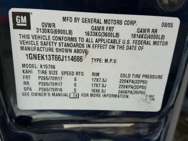 1GNEK13T66J114686 - 2006 CHEVROLET TAHOE K150 BLUE photo 10