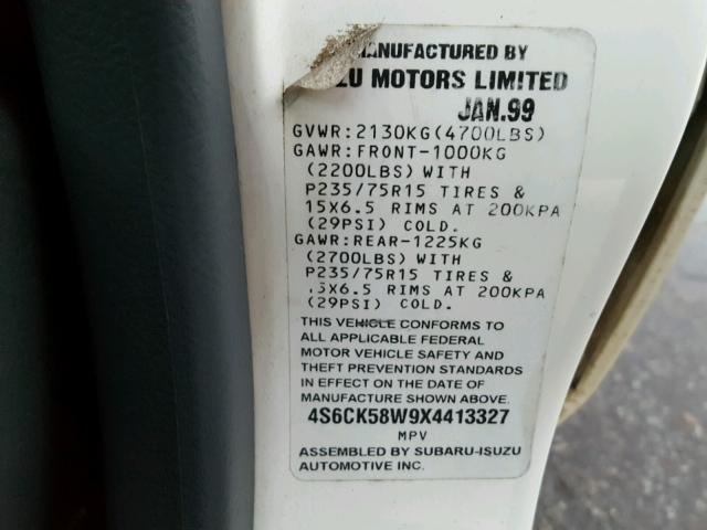 4S6CK58W9X4413327 - 1999 HONDA PASSPORT E WHITE photo 10