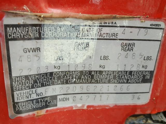 FM22D9G221066 - 1979 CHRYSLER LEBARON 红色 照片 10