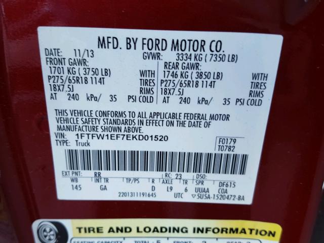 1FTFW1EF7EKD01520 - 2014 FORD F150 SUPER RED photo 10