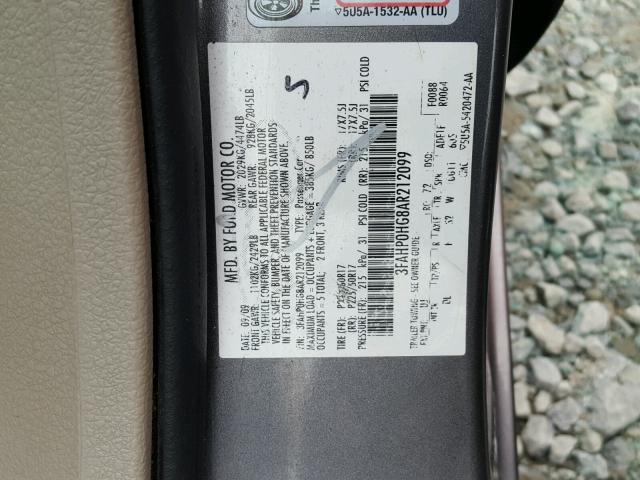 3FAHP0HG8AR212099 - 2010 FORD FUSION SE GRAY photo 10