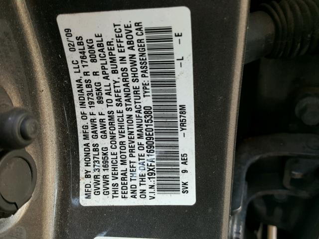 19XFA16909E015380 - 2009 HONDA CIVIC EXL 灰色 照片 10