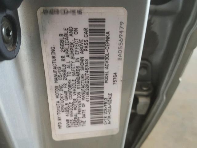 4T1BE32K63U746343 - 2003 TOYOTA CAMRY LE SILVER photo 10