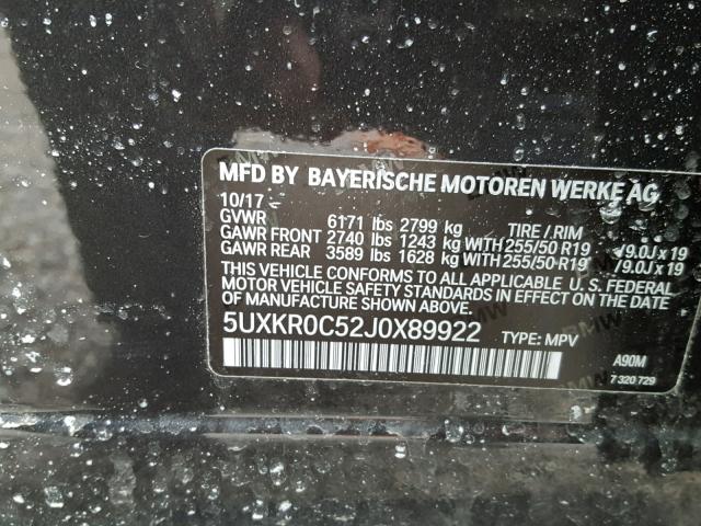 5UXKR0C52J0X89922 - 2018 BMW X5 XDRIVE3 GRAY photo 10