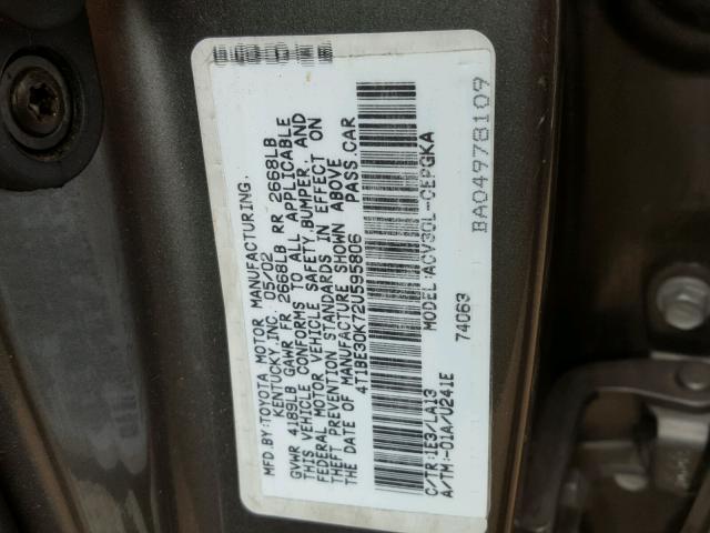 4T1BE30K72U595806 - 2002 TOYOTA CAMRY LE GRAY photo 10